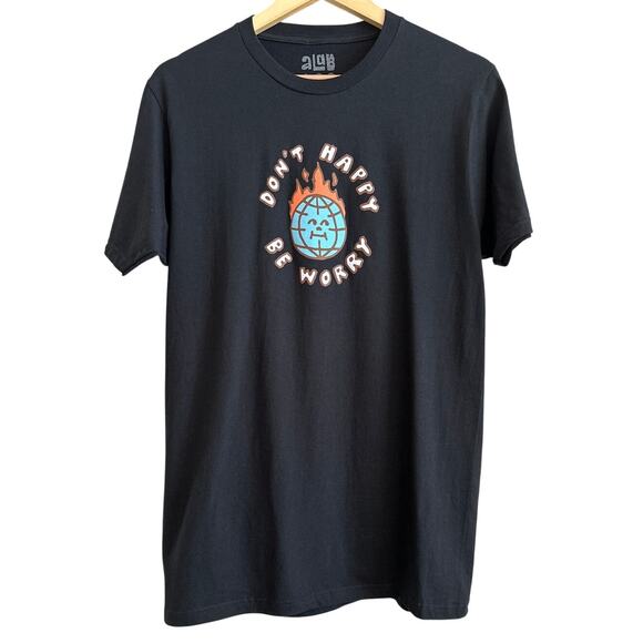NWOT “Don’t Happy, Be Worry” Graphic Tee – Retro Globe-on-Fire Design – Men’s M - Picture 1 of 4